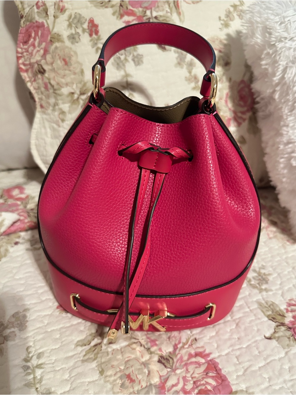 Michael Kors Fuchsia Pebbled Leather Drawstring Bucket Bag